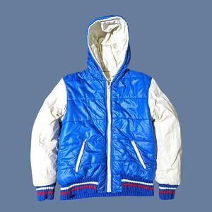 Vintage 60s 70s Sears Puffer Reversible Men Medium Jacket Blue Hooded Full Zip